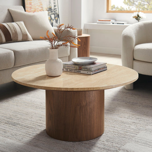 Kioni Travertine Coffee Table in Walnut