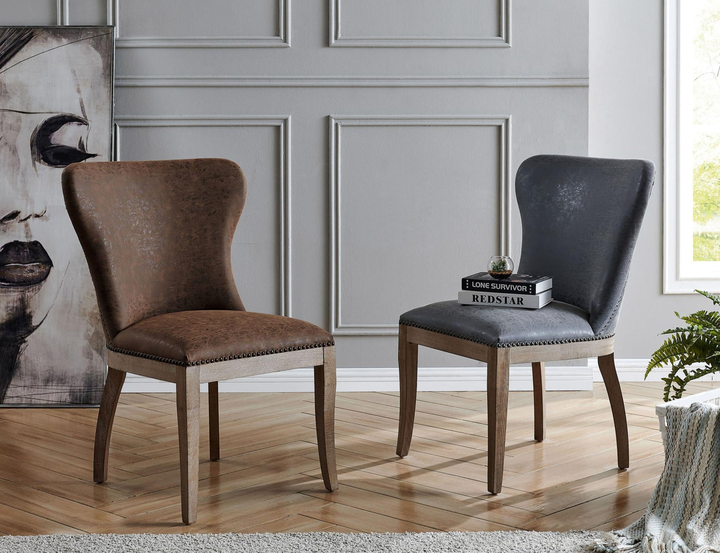 Dorsey Set of 2 Dining Chairs in Nubuck Charcoal Leather