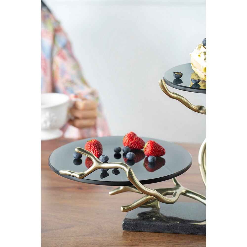 Giani 2-Tier Cake Stand – Gold Aluminum & Black Glass