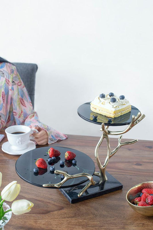 Giani 2-Tier Cake Stand – Gold Aluminum & Black Glass
