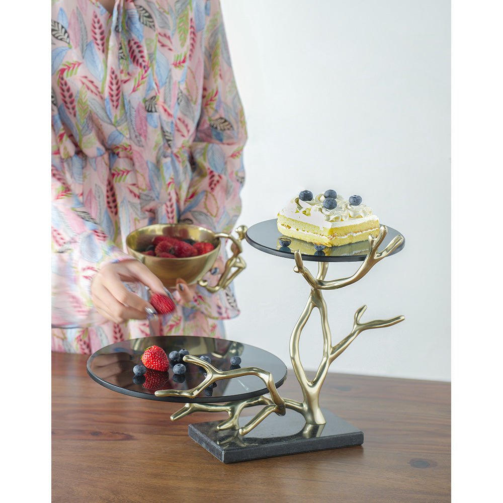 Giani 2-Tier Cake Stand – Gold Aluminum & Black Glass