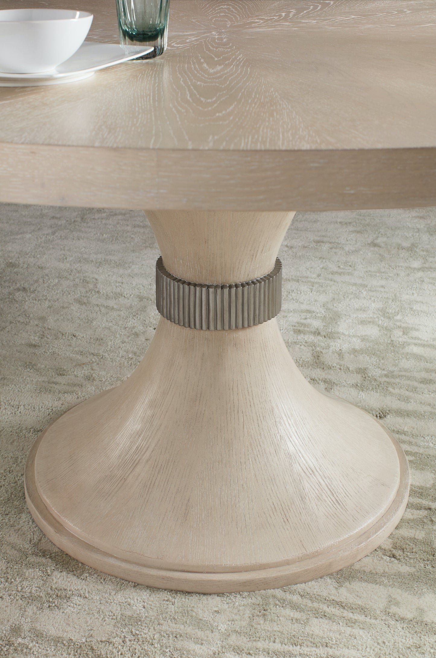 Nouveau Chic Round Pedestal Dining Table, Oak Veneer Finish
