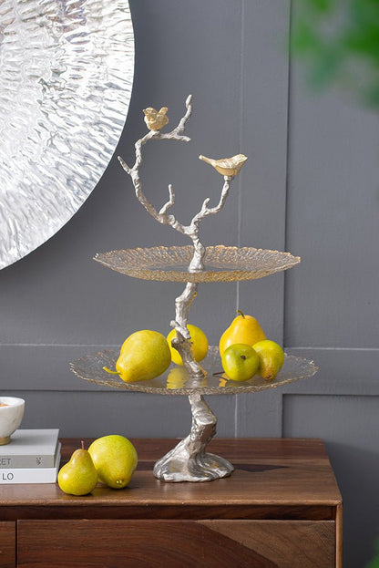 Atelier 2-Tier Serving Plates with Marble and Gold Birds