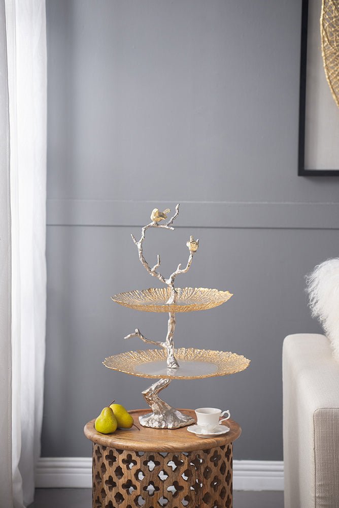 Atelier 2-Tier Serving Plates with Marble and Gold Birds