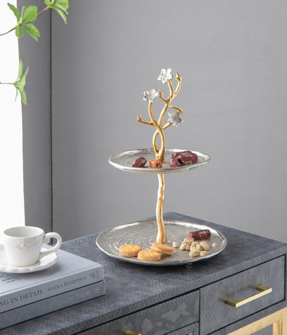 Cherry Blossom 2-Tier Stand with Gold Stem & Silver Trays