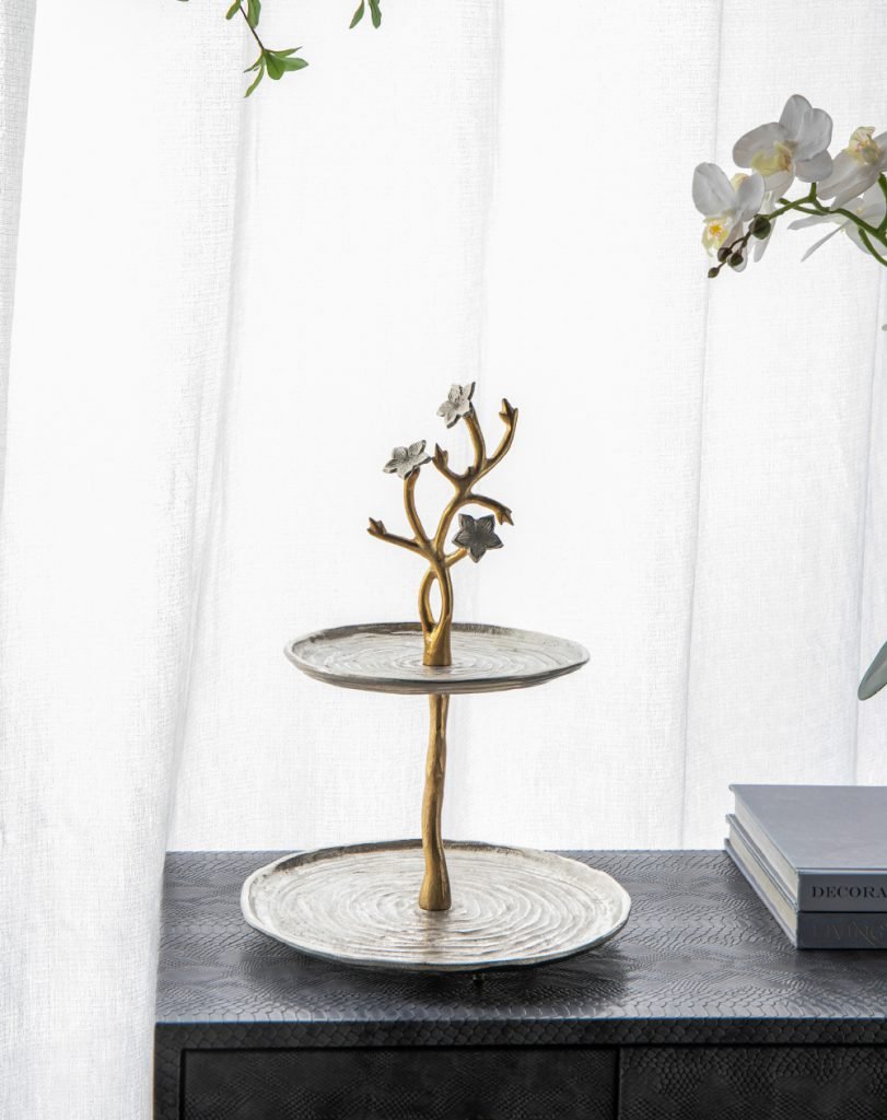 Cherry Blossom 2-Tier Stand with Gold Stem & Silver Trays