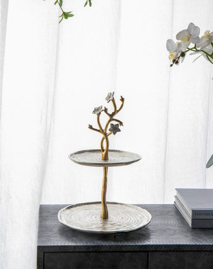 Cherry Blossom 2-Tier Stand with Gold Stem & Silver Trays