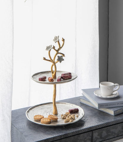 Cherry Blossom 2-Tier Stand with Gold Stem & Silver Trays