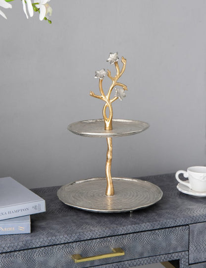 Cherry Blossom 2-Tier Stand with Gold Stem & Silver Trays