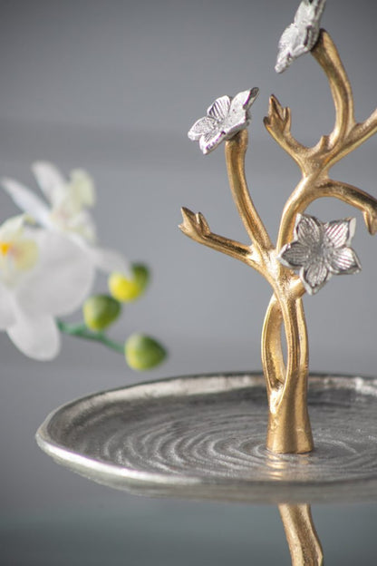 Cherry Blossom 2-Tier Stand with Gold Stem & Silver Trays