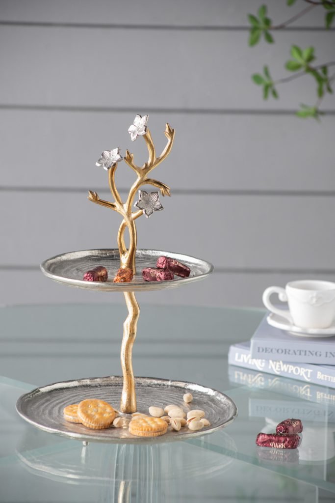 Cherry Blossom 2-Tier Stand with Gold Stem & Silver Trays