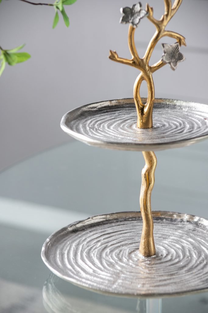 Cherry Blossom 2-Tier Stand with Gold Stem & Silver Trays