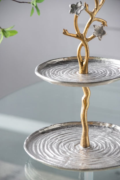Cherry Blossom 2-Tier Stand with Gold Stem & Silver Trays
