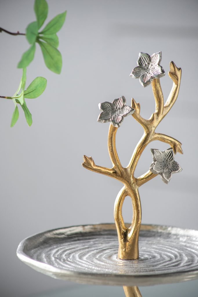 Cherry Blossom 2-Tier Stand with Gold Stem & Silver Trays