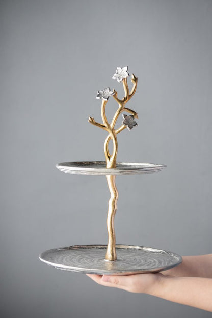 Cherry Blossom 2-Tier Stand with Gold Stem & Silver Trays