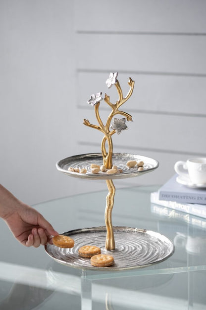 Cherry Blossom 2-Tier Stand with Gold Stem & Silver Trays