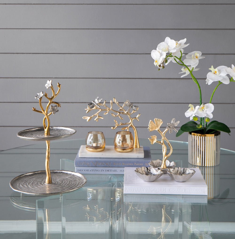 Cherry Blossom 2-Tier Stand with Gold Stem & Silver Trays