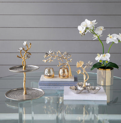 Cherry Blossom 2-Tier Stand with Gold Stem & Silver Trays