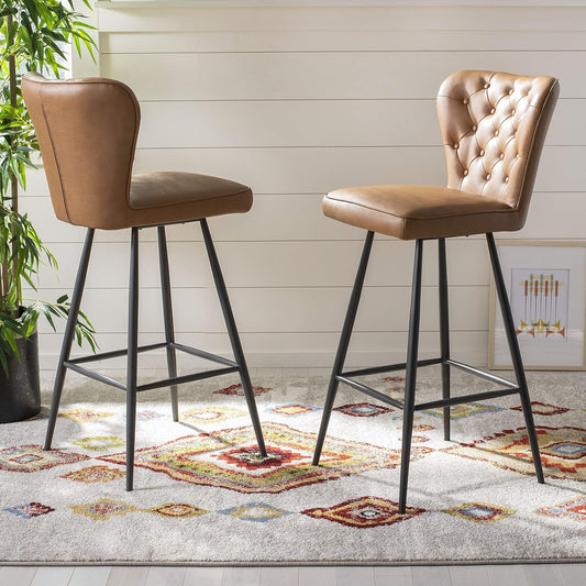 Aster Set of 2 Tufted Bar Stools – Camel PU Leather, Retro