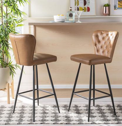 Aster Set of 2 Tufted Bar Stools – Camel PU Leather, Retro