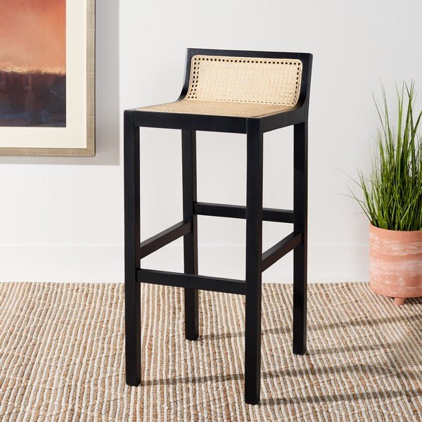 Saito Low Back Cane Bar Stool – Black Beech Wood, Natural
