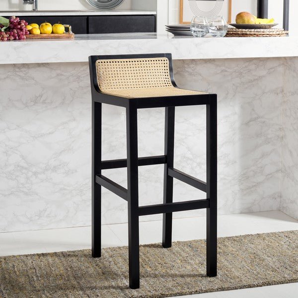 Saito Low Back Cane Bar Stool – Black Beech Wood, Natural