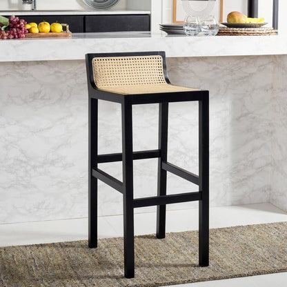 Saito Low Back Cane Bar Stool – Black Beech Wood, Natural