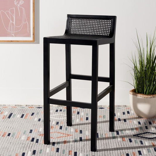 Saito Low Back Black Cane Bar Stool – 31.5H Seat Height