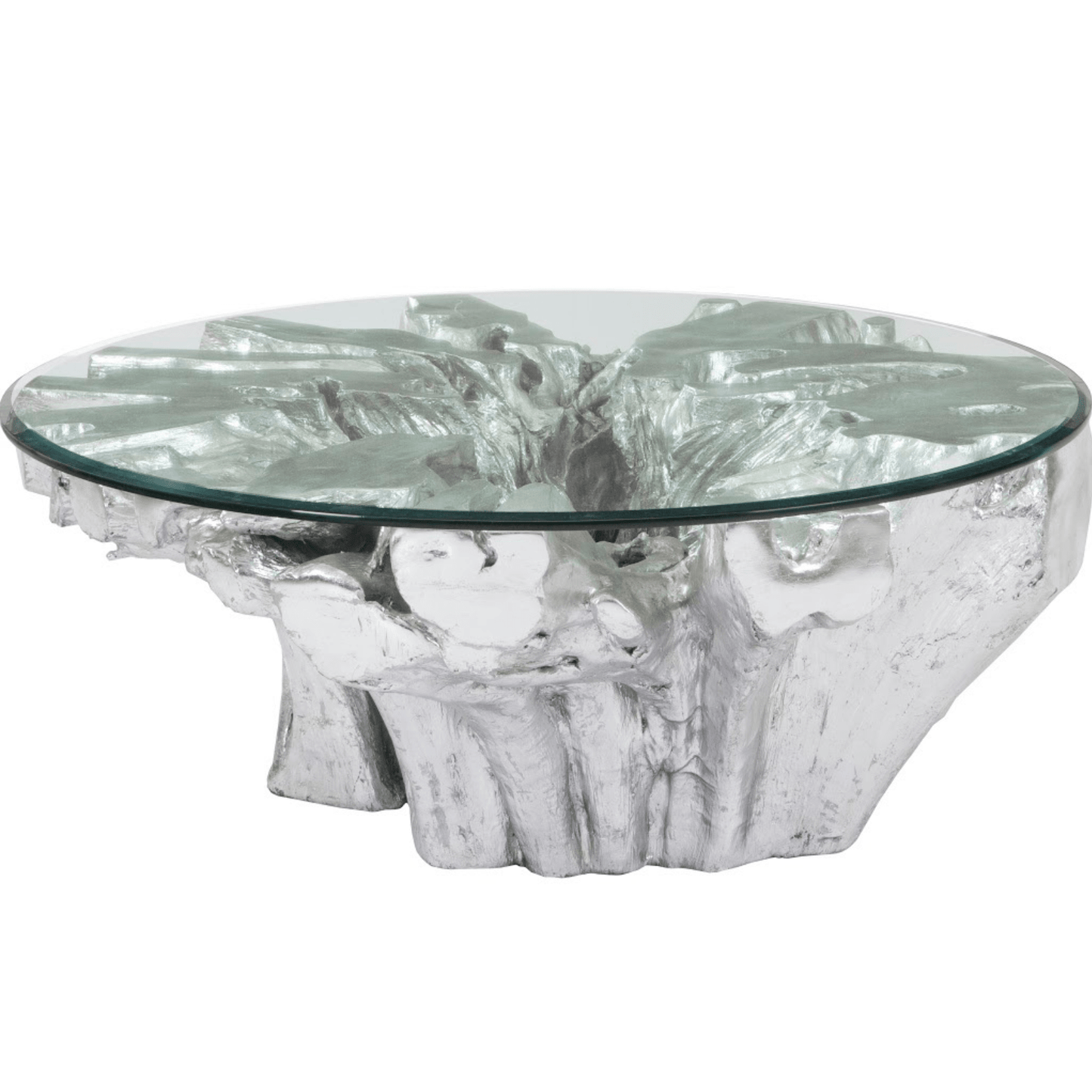 Silver Leaf Abyss Cast Root Coffee Table with Glass Top