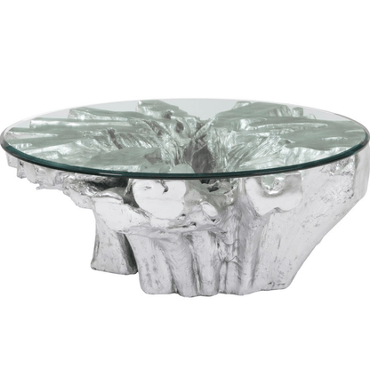 Silver Leaf Abyss Cast Root Coffee Table with Glass Top