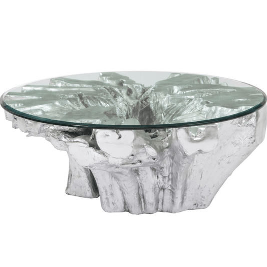 Silver Leaf Abyss Cast Root Coffee Table with Glass Top