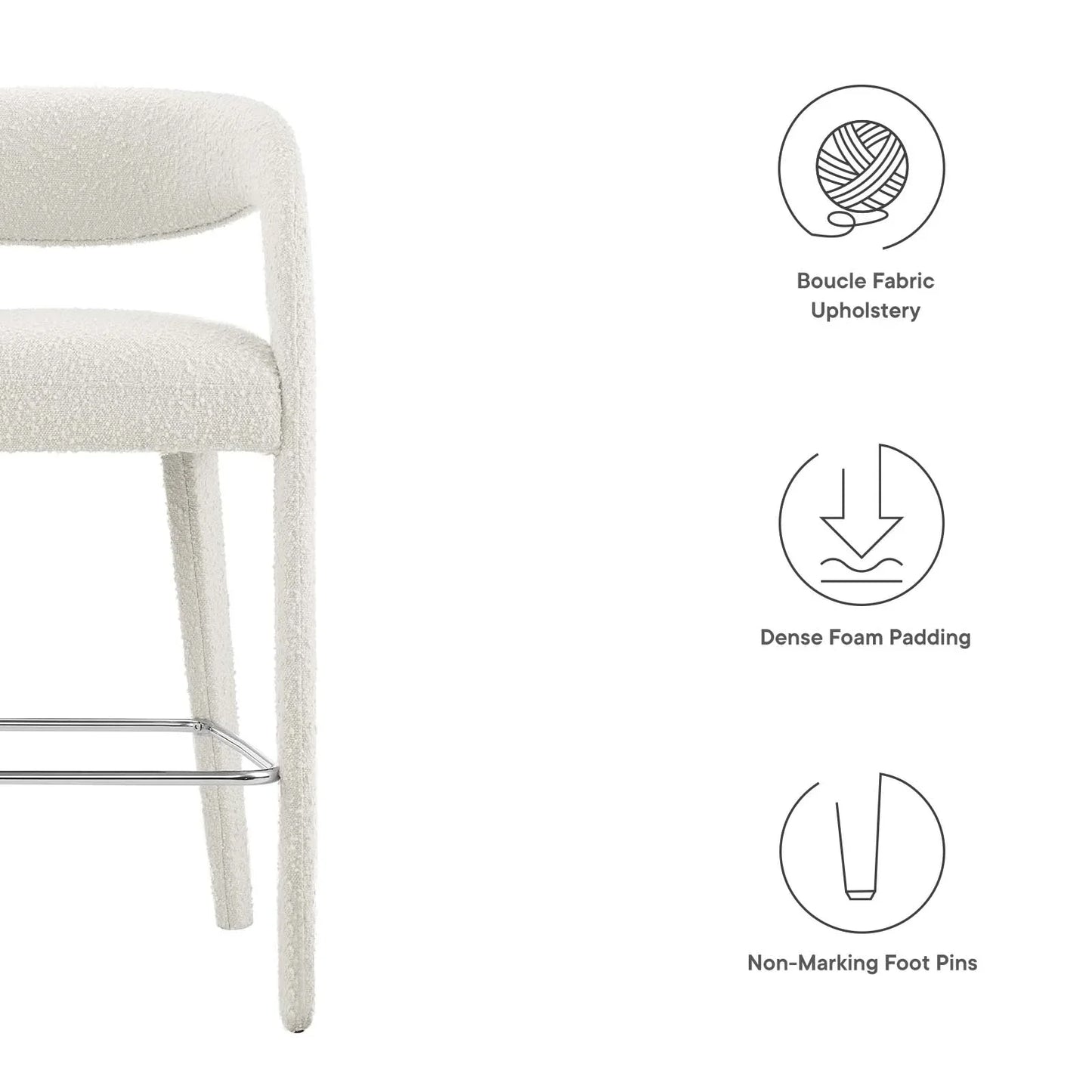 Pinnacle Set of 2 Boucle Upholstered Bar Stool in Ivory