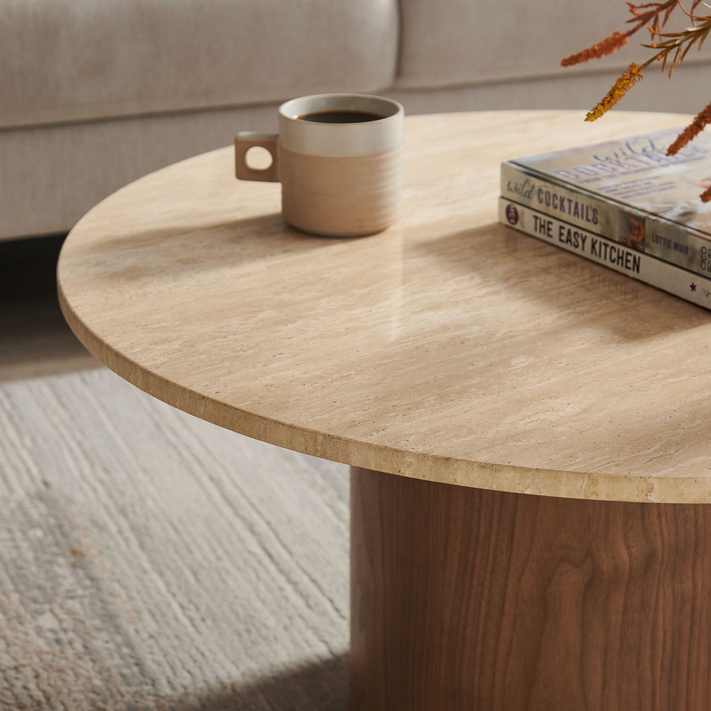 Kioni Travertine Coffee Table in Walnut