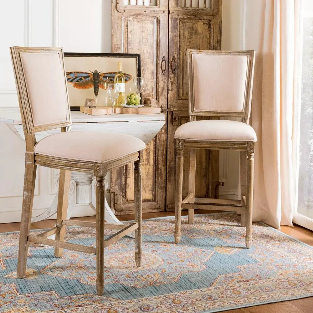 Buchanan Set of 2 Rustic Oak Bar Stools – Beige Linen