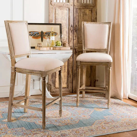 Buchanan Set of 2 Rustic Oak Bar Stools – Beige Linen