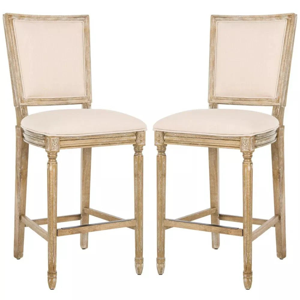 Buchanan Set of 2 Rustic Oak Bar Stools – Beige Linen
