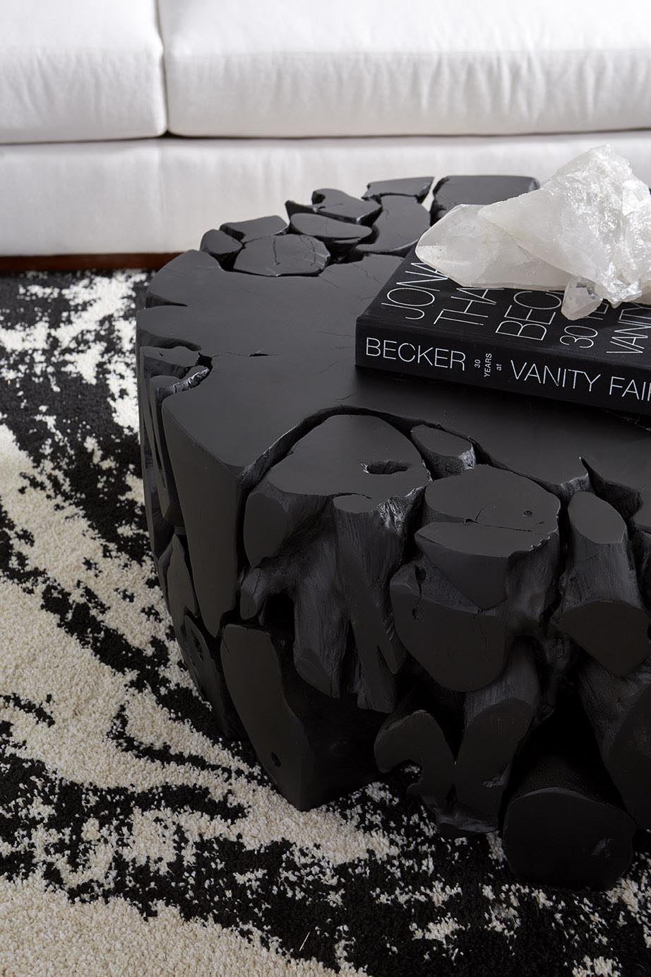 Teak Chunk Round Coffee Table – 36″ Black Reclaimed Wood