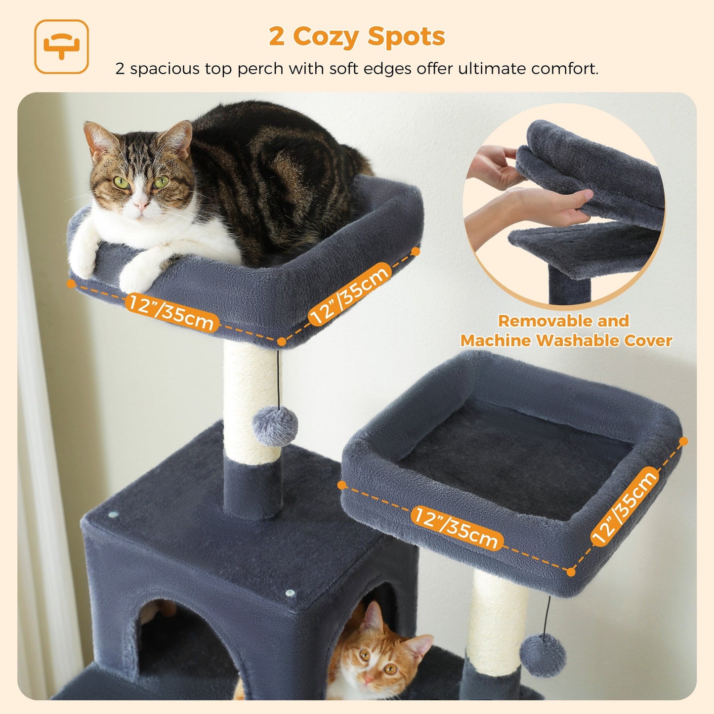 Large Cat Tower Cat Condo with Scratching Posts and Pads, 2 Padded Perch, Dual Condo and Basket