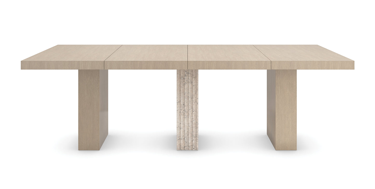 Unity Light Dining Table – Sun Drenched Oak, Travertine Base