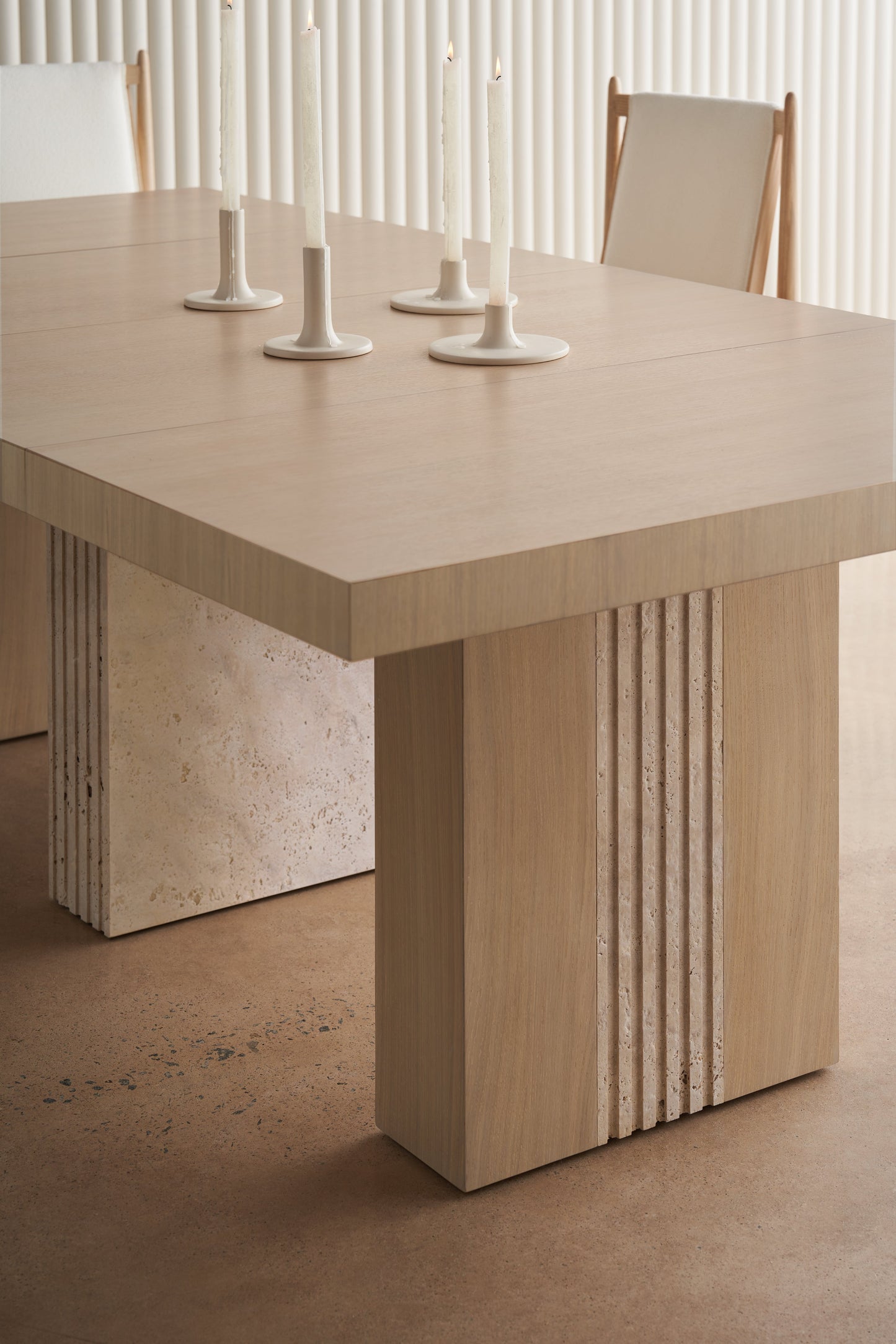 Unity Light Dining Table – Sun Drenched Oak, Travertine Base