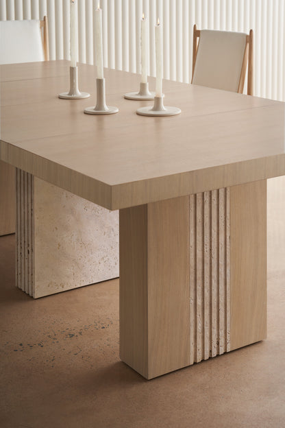 Unity Light Dining Table – Sun Drenched Oak, Travertine Base