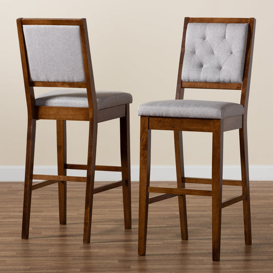 Gideon Set of 2 Walnut Brown & Grey Bar Stools–Modern Design