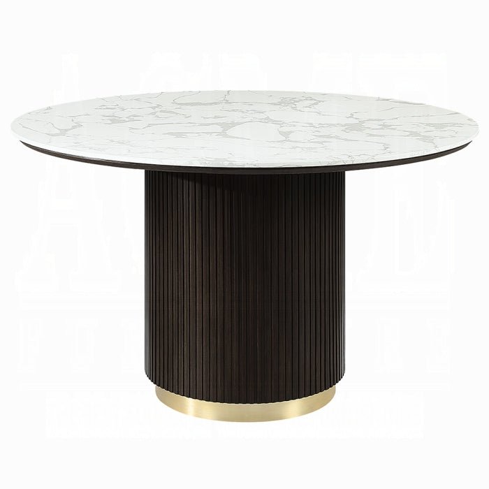 Clayten Round Dining Table – White Marble Top, Espresso Base