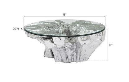 Silver Leaf Abyss Cast Root Coffee Table with Glass Top