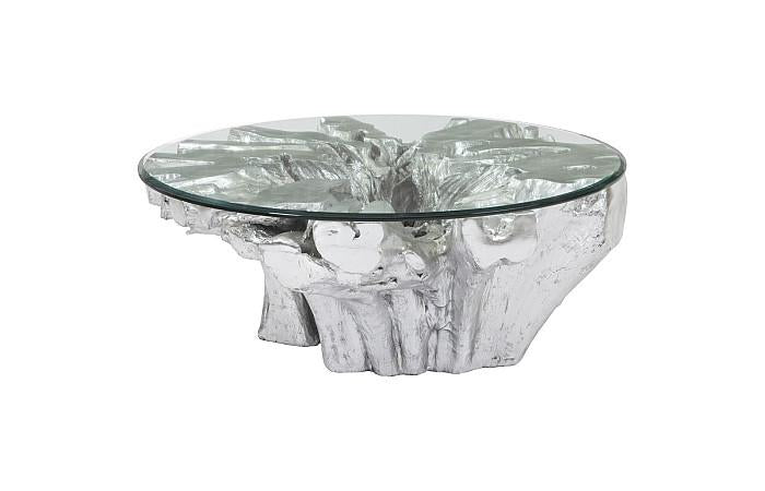 Silver Leaf Abyss Cast Root Coffee Table with Glass Top