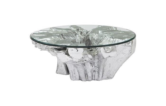 Silver Leaf Abyss Cast Root Coffee Table with Glass Top