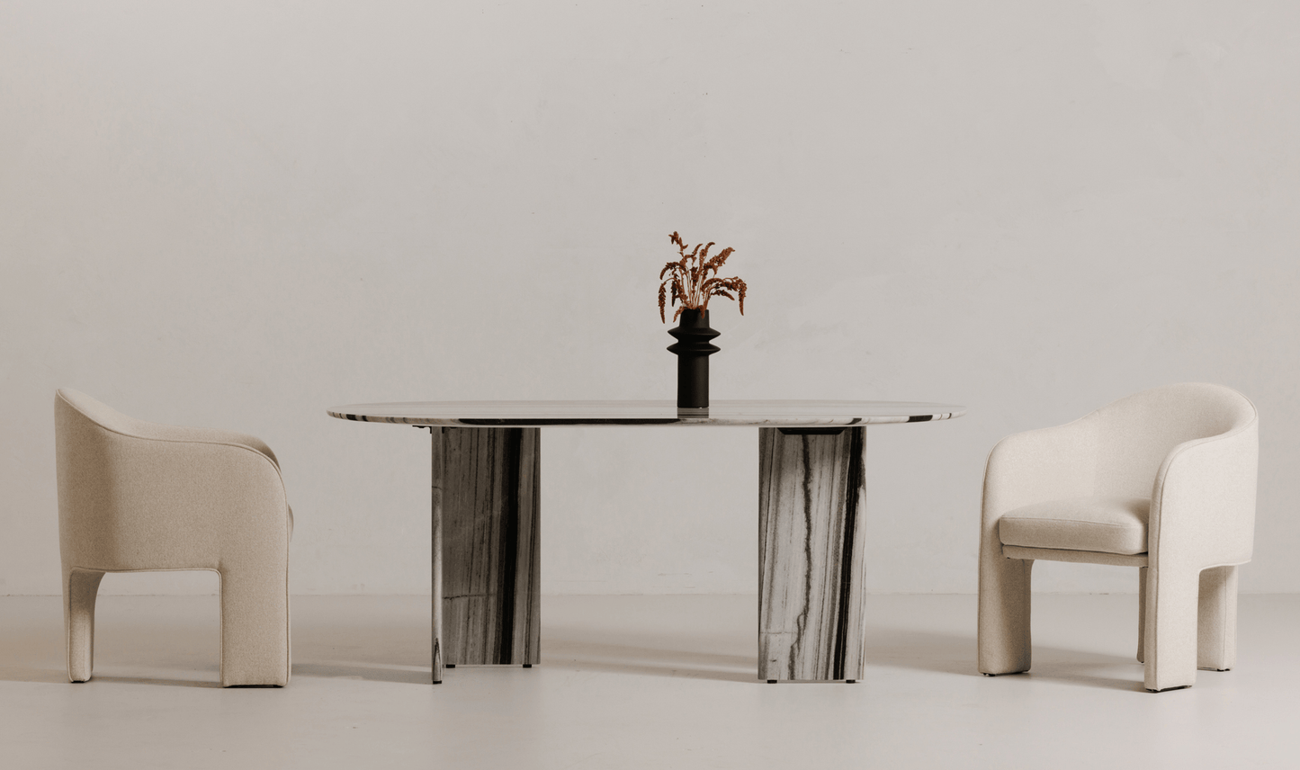 Celia Dining Table – Panda Marble Oval with Geometric Base