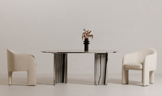 Celia Dining Table – Panda Marble Oval with Geometric Base
