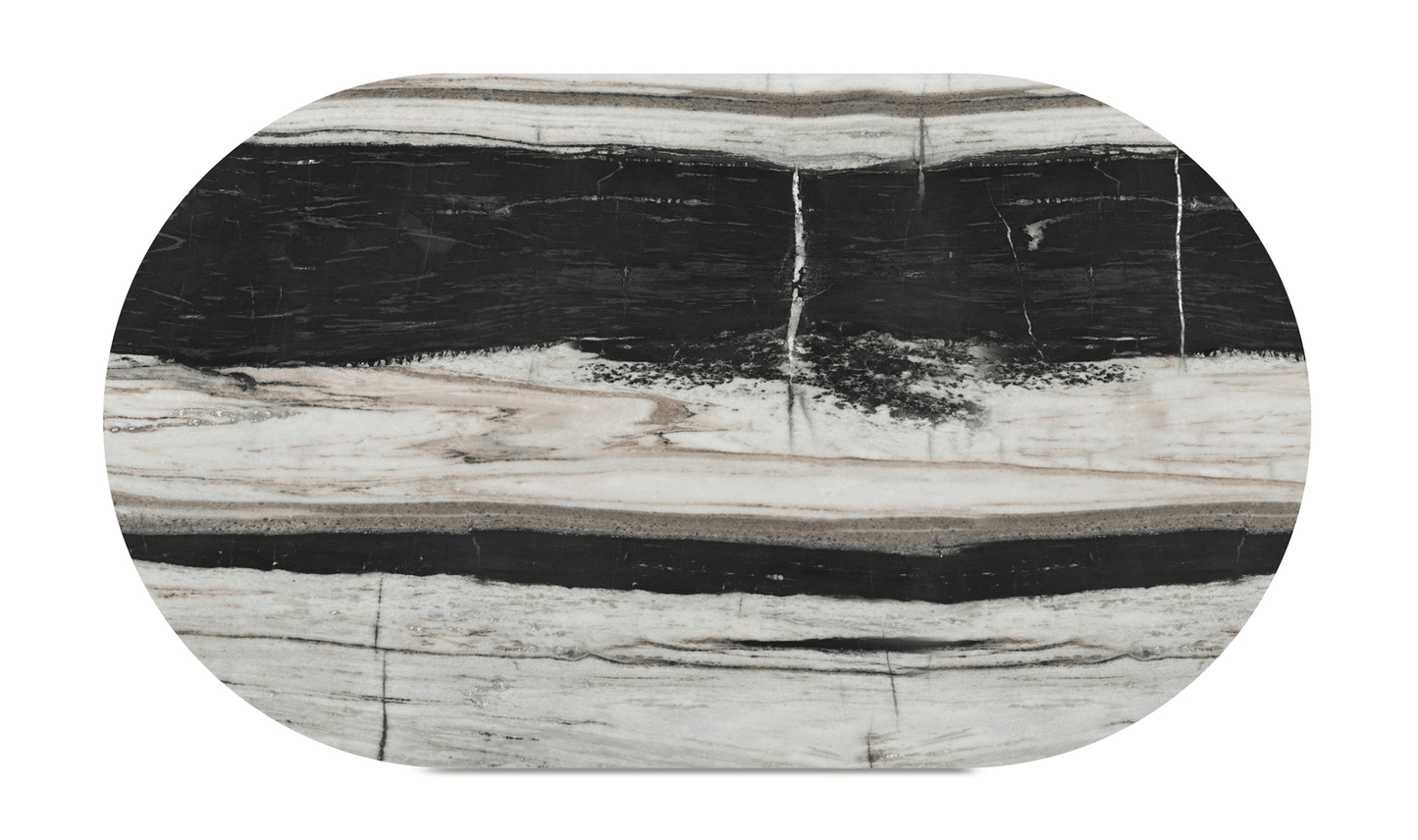 Celia Dining Table – Panda Marble Oval with Geometric Base