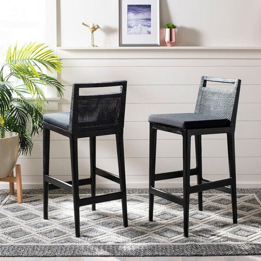 Darin II Bar Stool with Brown Rattan & Black Polyacrylic